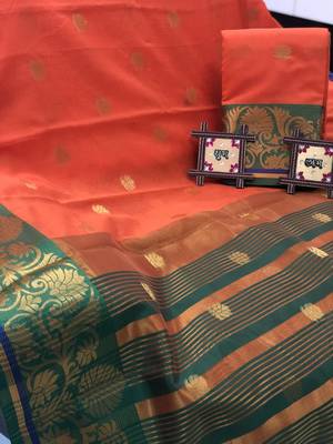 red Cotton Butta Pure Cotton silk Saree With Attached Blouse 1
