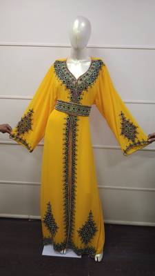  Yellow Zari Work Chiffon Polyester Islamic Party Wear Festive Kaftan Jacket 1