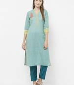 Turquoise printed cotton kurtas-and-kurtis