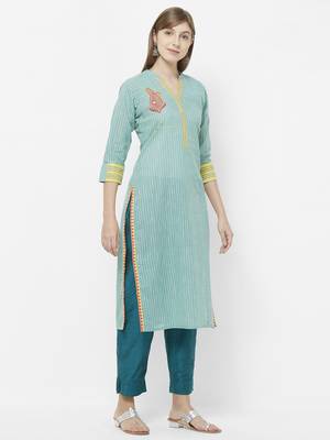 Turquoise printed cotton kurtas-and-kurtis 3