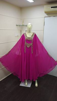  Rani-Pink Zari Work Chiffon Polyester Islamic Party Wear Festive Kaftan Farasha 1