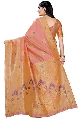 Pink woven banarasi saree with blouse 4