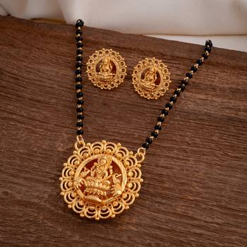 Black beads mangalsutra with Laxmi pendant and earrings set one gram gold 1