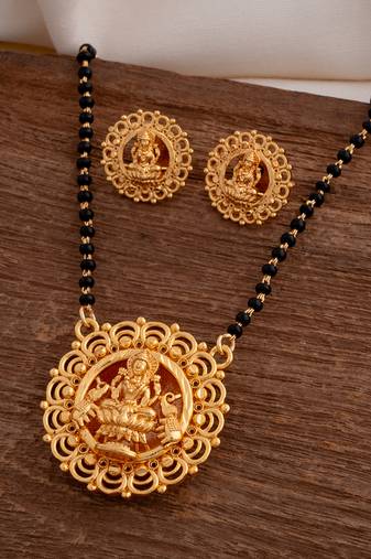 Black beads mangalsutra with Laxmi pendant and earrings set one gram gold