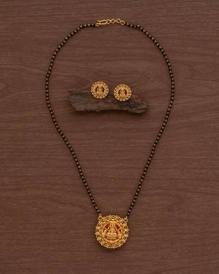 Black beads mangalsutra with Laxmi pendant and earrings set one gram gold 2