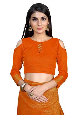 Orange woven banarasi saree with blouse 4