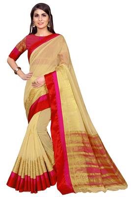 Cream woven chanderi saree with blouse 1