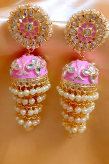 Pink 3  Layered Kundan Earrings
