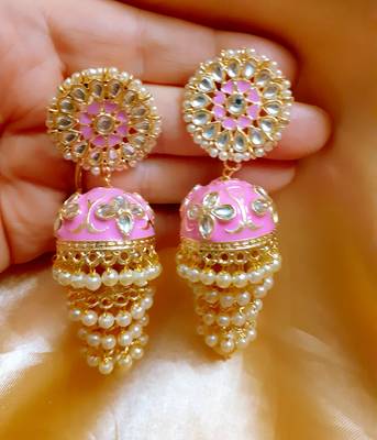 Pink 3  Layered Kundan Earrings 2