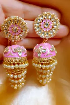 Pink 3  Layered Kundan Earrings