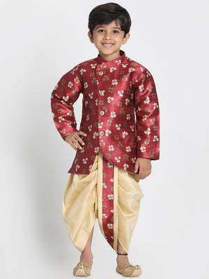 Maroon Woven Blended Cotton Boys Sherwani 1