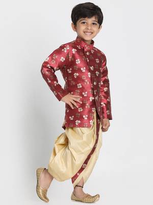 Maroon Woven Blended Cotton Boys Sherwani 2