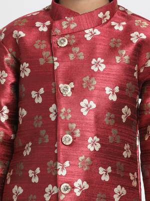 Maroon Woven Blended Cotton Boys Sherwani 3