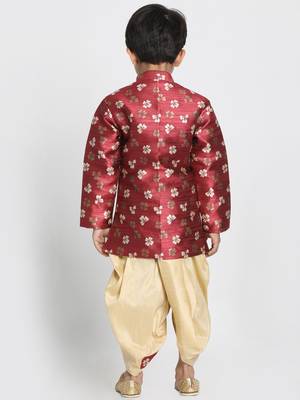Maroon Woven Blended Cotton Boys Sherwani 4