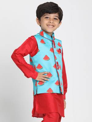  Electric Blue Cotton Satin Blend Nehru Jacket 2