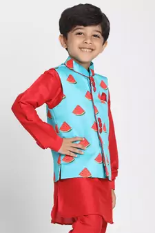  Electric Blue Cotton Satin Blend Nehru Jacket