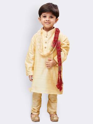 Gold Printed Silk Blend Boys Kurta Pyjama 1