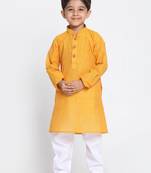 Boys Yellow And White Pure Cotton Kurta Pyjama Set