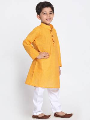 Boys Yellow And White Pure Cotton Kurta Pyjama Set 2