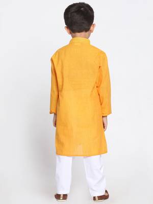 Boys Yellow And White Pure Cotton Kurta Pyjama Set 4