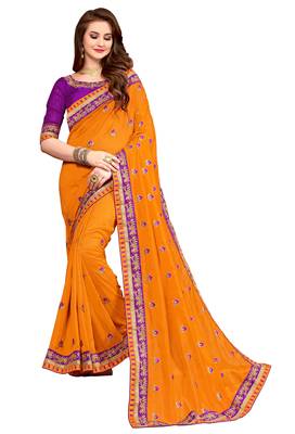 Orange embroidered georgette saree with blouse 1
