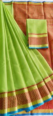 parrot green woven cotton saree with blouse 1