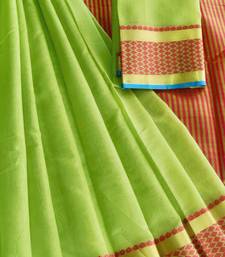 parrot green woven cotton saree with blouse