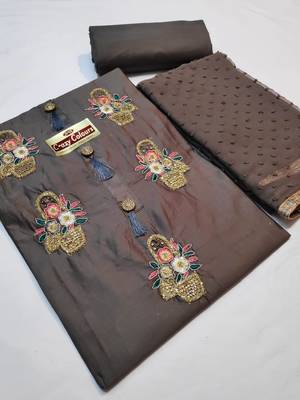 brown EMBROIDERED COTTON UNSTITCHED SALWAR WITH DUPATTA 1