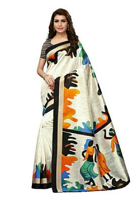 Off white printed bhagalpuri silk saree with blouse 1