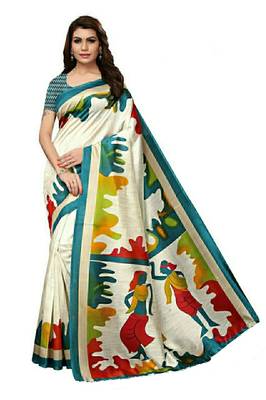 Off white printed bhagalpuri silk saree with blouse 1
