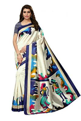 Off white printed bhagalpuri silk saree with blouse 1