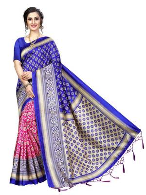 Blue printed bhagalpuri silk saree with blouse 1