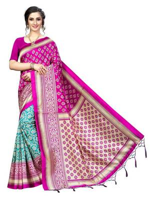 Pink printed bhagalpuri silk saree with blouse 1