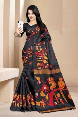 Black printed art silk saree with blouse 1