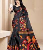 Black printed art silk saree with blouse