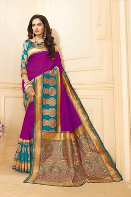 Rani pink printed art silk saree with blouse 1