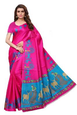 Pink printed art silk saree with blouse 1