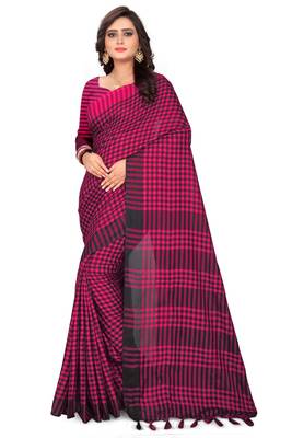 Rani pink printed linen saree with blouse 1