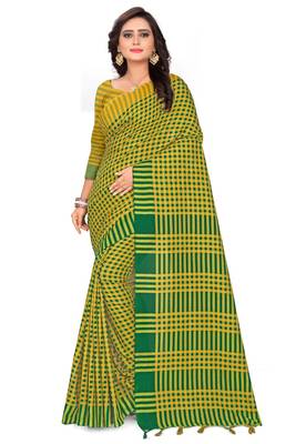 Yellow printed linen saree with blouse 1