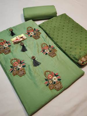 green embroidered cotton unstitched salwar with dupatta 1