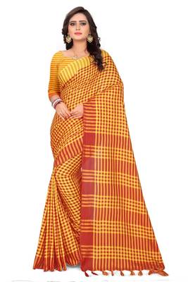 Yellow printed linen saree with blouse 1