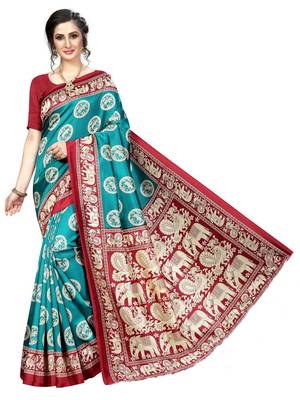Teal printed bhagalpuri silk saree with blouse 1