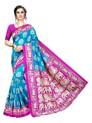 Sky blue printed bhagalpuri silk saree with blouse 1