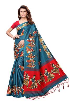Teal printed art silk saree with blouse 1