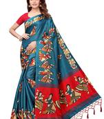 Teal printed art silk saree with blouse