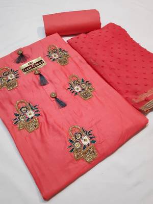 peach embroidered cotton unstitched salwar with dupatta 1