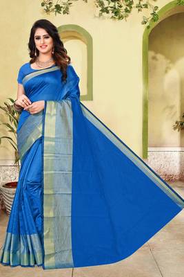 Blue plain cotton silk saree with blouse 1