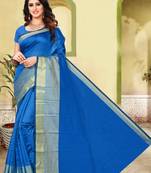 Blue plain cotton silk saree with blouse