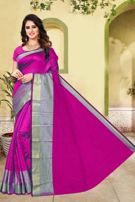Rani pink plain cotton silk saree with blouse 1