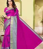 Rani pink plain cotton silk saree with blouse